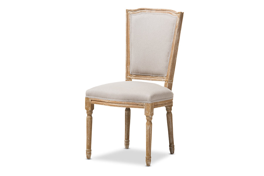 Baxton Studio Cadencia French Vintage Cottage Weathered Oak Finish Wood and Beige Fabric Upholstered Dining Side Chair | Modishstore | Dining Chairs - 4