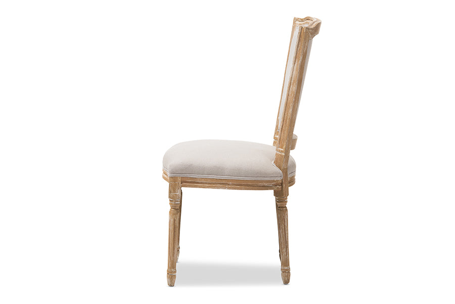 Baxton Studio Cadencia French Vintage Cottage Weathered Oak Finish Wood and Beige Fabric Upholstered Dining Side Chair | Modishstore | Dining Chairs - 2