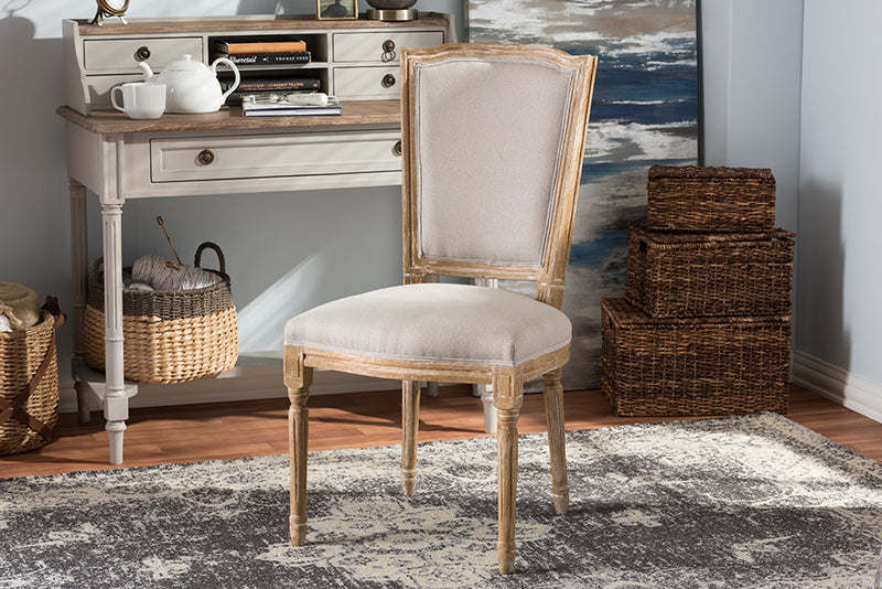 Baxton Studio Cadencia French Vintage Cottage Weathered Oak Finish Wood and Beige Fabric Upholstered Dining Side Chair | Modishstore | Dining Chairs