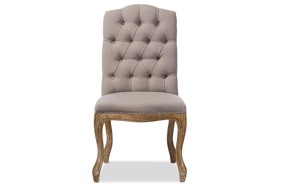 Baxton Studio Hudson Chic Rustic French Country Cottage Weathered Oak Beige Fabric Button-tufted Upholstered Dining Chair | Modishstore | Dining Chairs