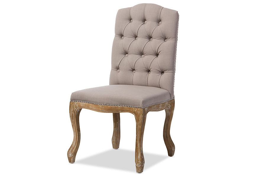 Baxton Studio Hudson Chic Rustic French Country Cottage Weathered Oak Beige Fabric Button-tufted Upholstered Dining Chair | Modishstore | Dining Chairs - 4