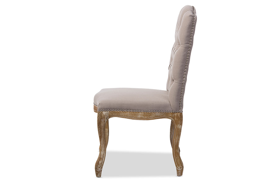 Baxton Studio Hudson Chic Rustic French Country Cottage Weathered Oak Beige Fabric Button-tufted Upholstered Dining Chair | Modishstore | Dining Chairs - 3