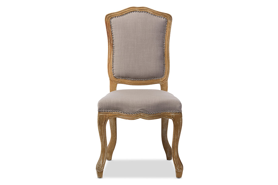 Baxton Studio Chateauneuf French Vintage Cottage Weathered Oak Beige Fabric Upholstered Dining Side Chair | Modishstore | Dining Chairs