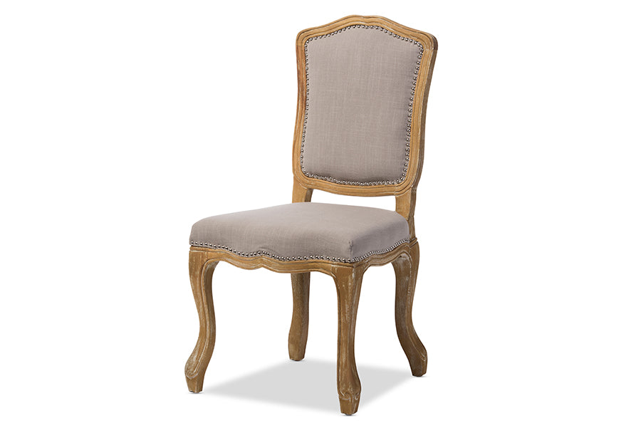 Baxton Studio Chateauneuf French Vintage Cottage Weathered Oak Beige Fabric Upholstered Dining Side Chair | Modishstore | Dining Chairs - 4