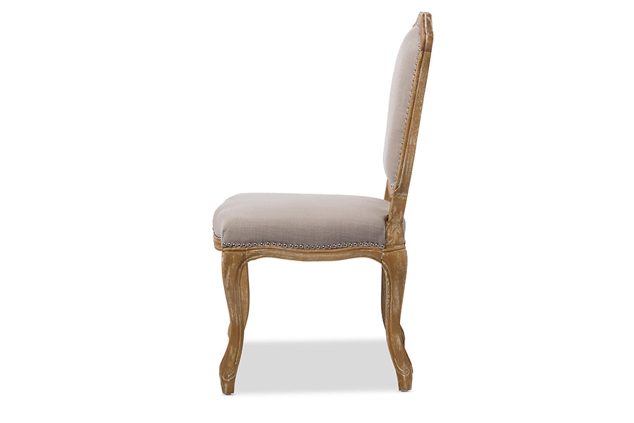 Baxton Studio Chateauneuf French Vintage Cottage Weathered Oak Beige Fabric Upholstered Dining Side Chair | Modishstore | Dining Chairs - 3