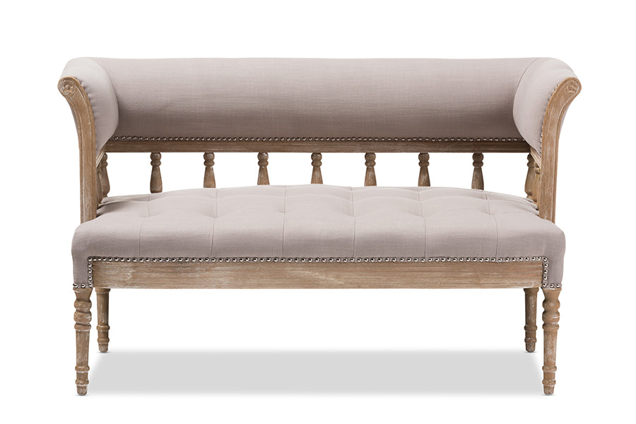 baxton studio nora swedish gustavian style distressed oak wood linen upholstered sofa settee | Modish Furniture Store-3