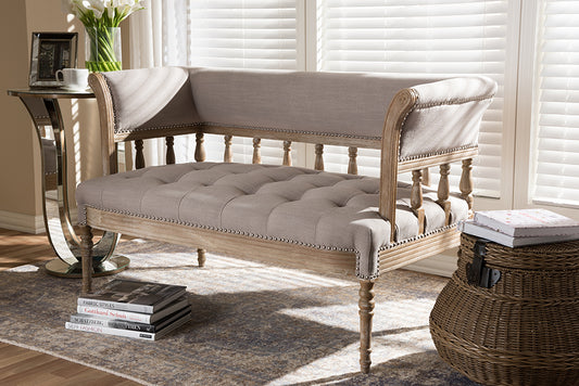 Baxton Studio Nora Swedish Gustavian Style Distressed Oak Wood Linen Upholstered Sofa Settee | Modishstore | Sofas