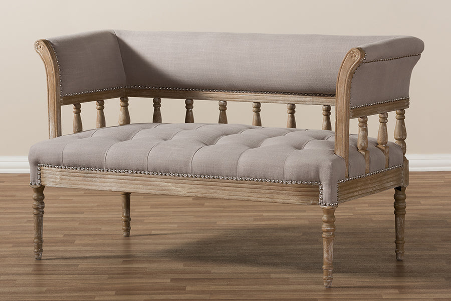 baxton studio nora swedish gustavian style distressed oak wood linen upholstered sofa settee | Modish Furniture Store-8