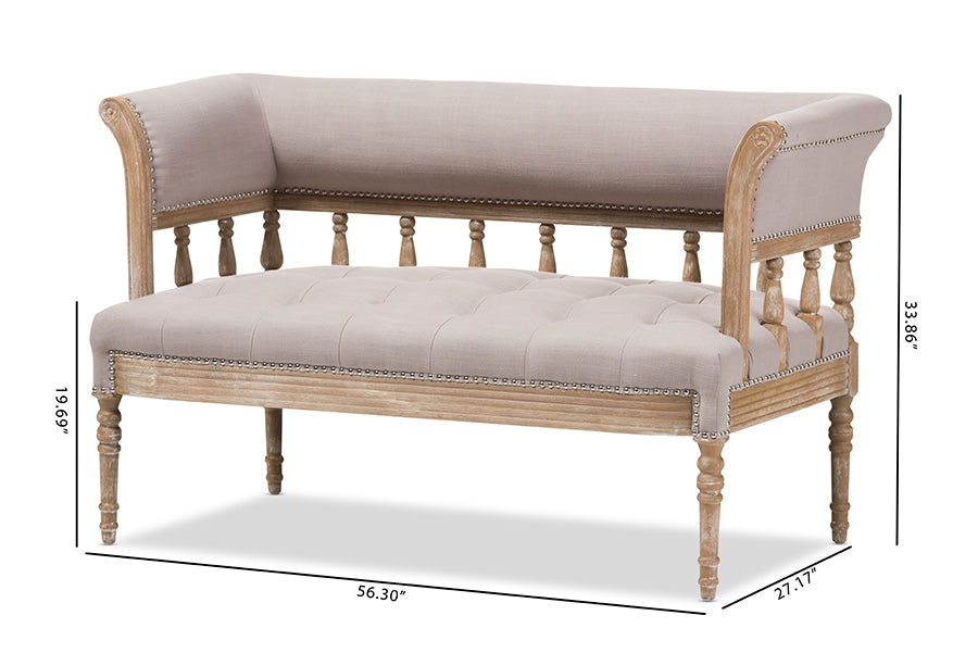 baxton studio nora swedish gustavian style distressed oak wood linen upholstered sofa settee | Modish Furniture Store-9