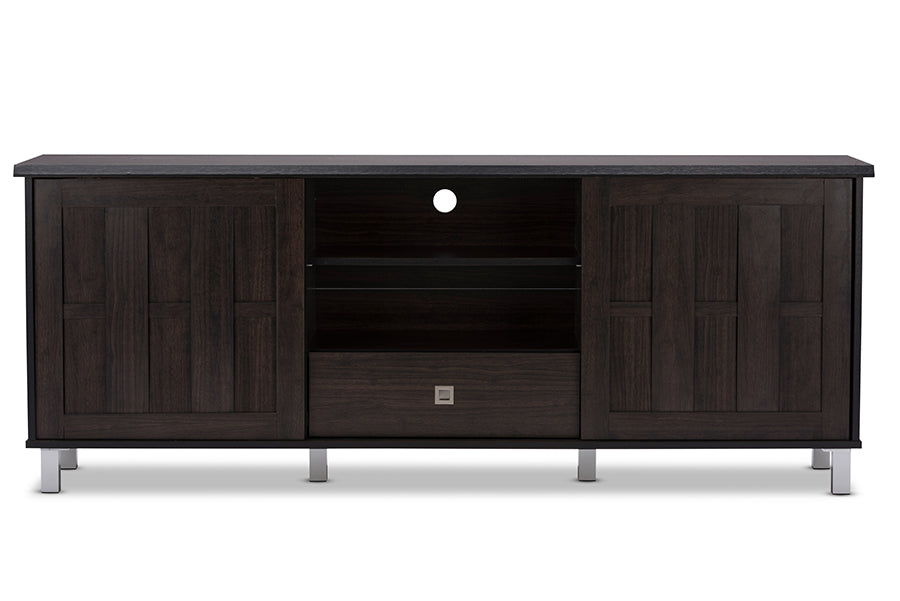 Baxton Studio Unna 70-Inch Dark Brown Wood TV Cabinet with 2 Sliding Doors and Drawer | Modishstore | 