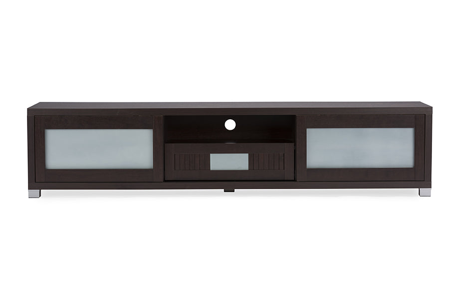 Baxton Studio Gerhardine Dark Brown Wood 70-inch TV Cabinet with 2 Sliding Doors and Drawer | Modishstore | TV Stands