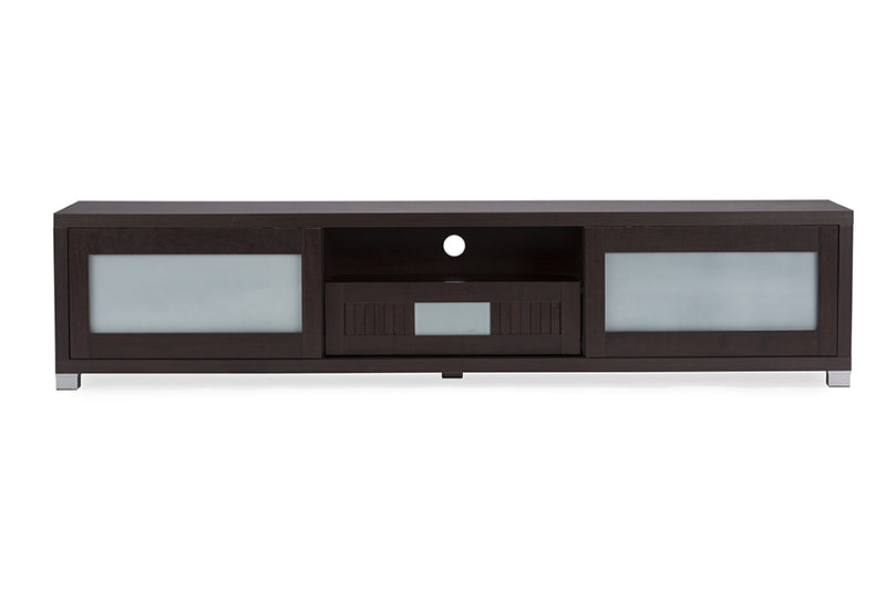 Baxton Studio Gerhardine Dark Brown Wood 70-inch TV Cabinet with 2 Sliding Doors and Drawer | Modishstore | TV Stands
