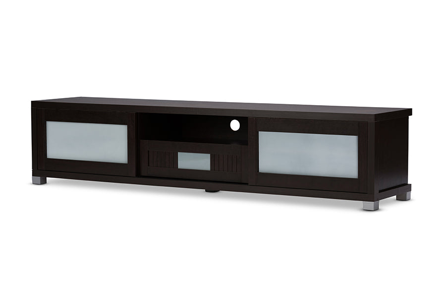 baxton studio gerhardine dark brown wood 70 inch tv cabinet with 2 sliding doors and drawer | Modish Furniture Store-3