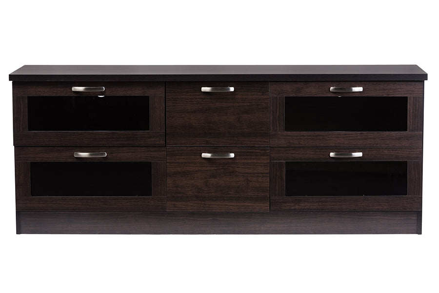 Baxton Studio Adelino 63 Inches Dark Brown Wood TV Cabinet with 4 Glass Doors and 2 Drawers | Modishstore | Cabinets