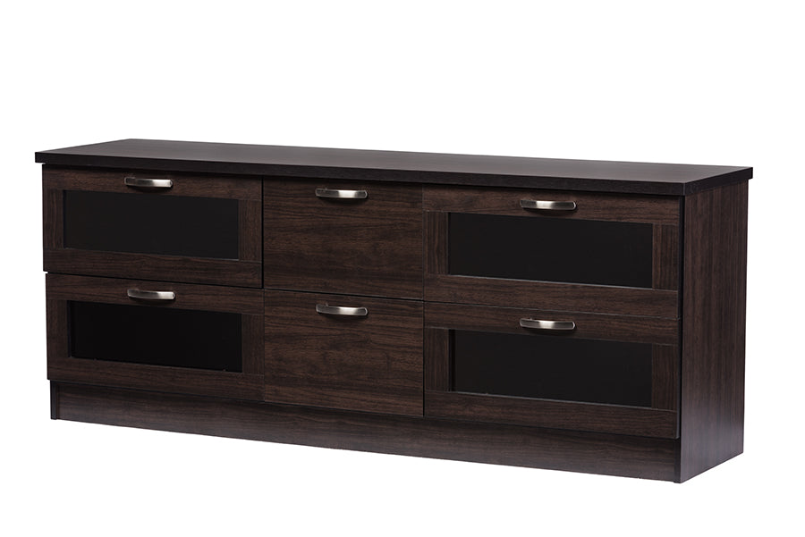 baxton studio adelino 63 inches dark brown wood tv cabinet with 4 glass doors and 2 drawers | Modish Furniture Store-2