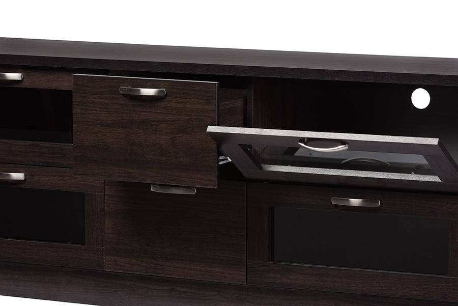 baxton studio adelino 63 inches dark brown wood tv cabinet with 4 glass doors and 2 drawers | Modish Furniture Store-3