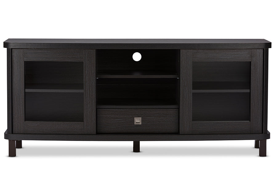 Baxton Studio Walda 60-Inch Greyish Dark Brown Wood TV Cabinet with 2 Sliding Doors and 1 Drawer | Modishstore | Cabinets