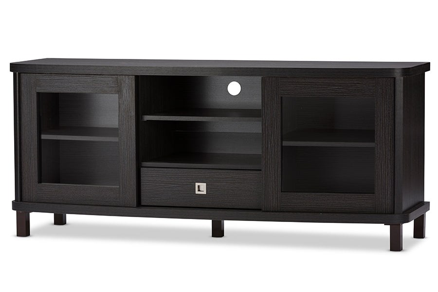baxton studio walda 60 inch greyish dark brown wood tv cabinet with 2 sliding doors and 1 drawer | Modish Furniture Store-2