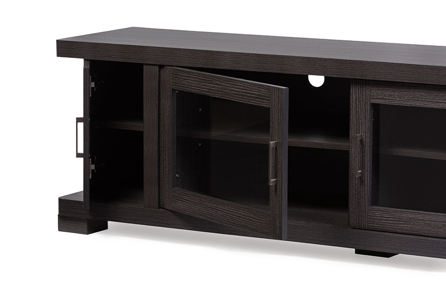 baxton studio viveka 70 inch greyish dark brown wood tv cabinet with 2 glass doors and 2 doors | Modish Furniture Store-3