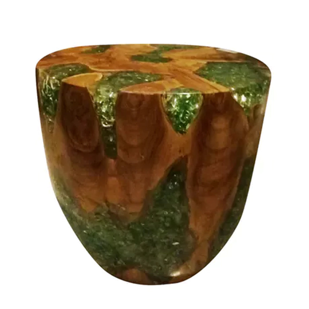 Teak Root & Cracked Resin Round Stool- Green | Stools | Modishstore - 3