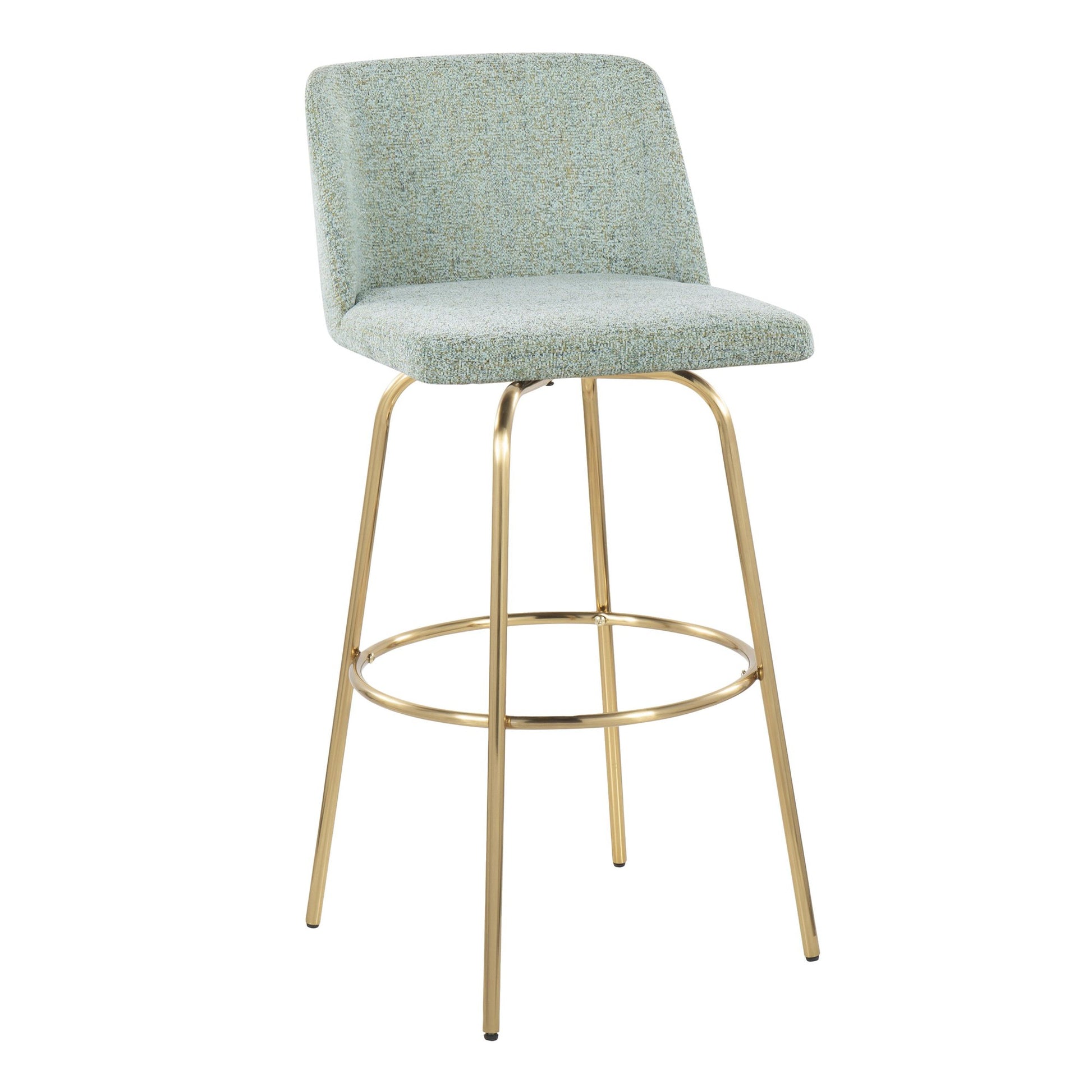 Toriano 30" Contemporary Fixed Height Barstool with Swivel in Light Green Fabric and Gold Metal with Round Footrest By LumiSource - Set of 2 | Bar Stools | Modishstore - 4