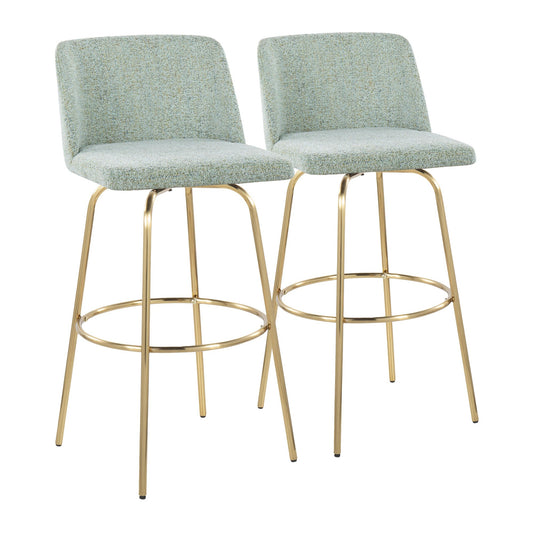 Toriano 30" Contemporary Fixed Height Barstool with Swivel in Light Green Fabric and Gold Metal with Round Footrest By LumiSource - Set of 2 | Bar Stools | Modishstore