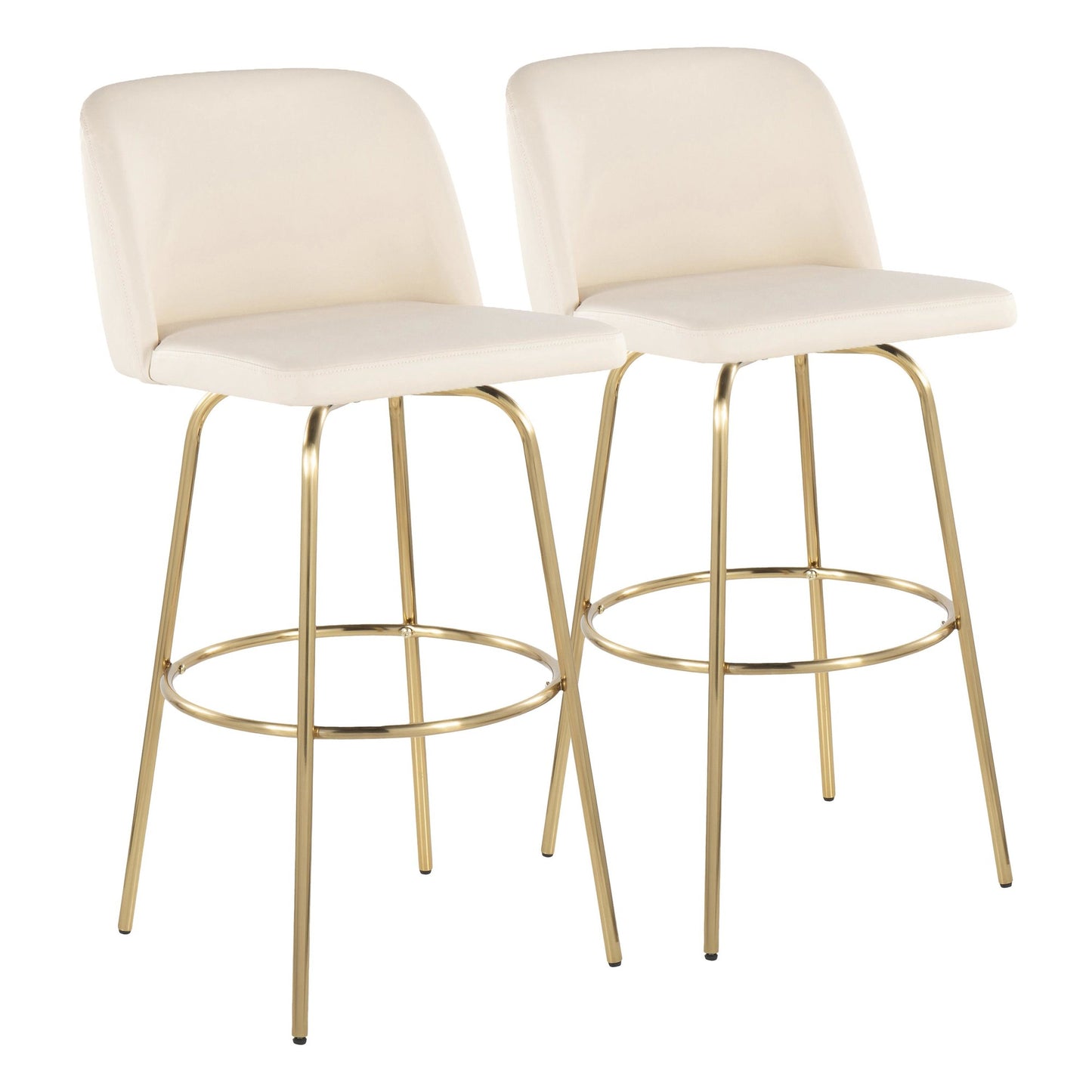 Toriano 30" Contemporary Fixed Height Barstool with Swivel in Cream Faux Leather and Gold Metal with Round Footrest By LumiSource - Set of 2 | Bar Stools | Modishstore
