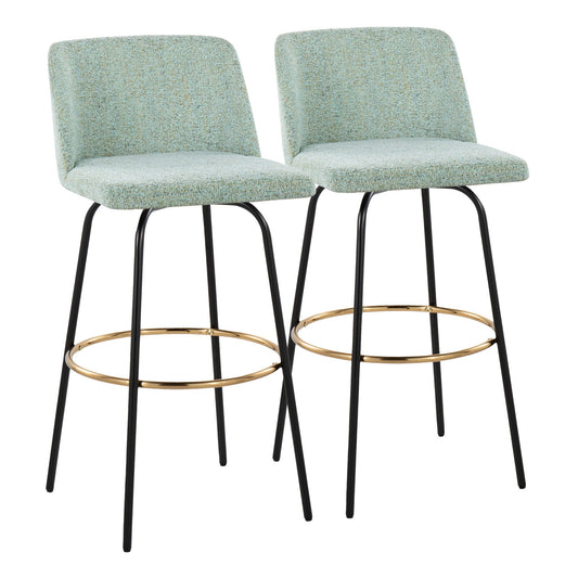 Toriano 30" Contemporary Fixed Height Barstool with Swivel in Light Green Fabric and Black Metal with Round Gold Footrest By LumiSource - Set of 2 | Bar Stools | Modishstore