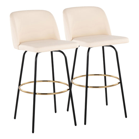 Toriano 30" Contemporary Fixed Height Barstool with Swivel in Cream Faux Leather and Black Metal with Round Gold Footrest By LumiSource - Set of 2 | Bar Stools | Modishstore