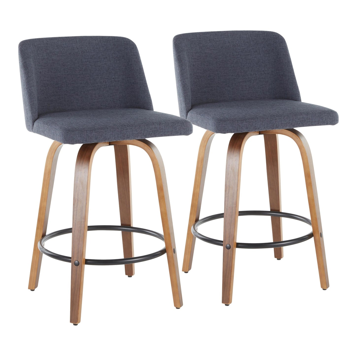 Toriano Mid-Century Modern Counter Stool in Walnut and Blue Fabric By LumiSource - Set of 2 | Counter Stools | Modishstore - 2