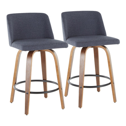 Toriano Mid-Century Modern Counter Stool in Walnut and Blue Fabric By LumiSource - Set of 2 | Counter Stools | Modishstore - 2