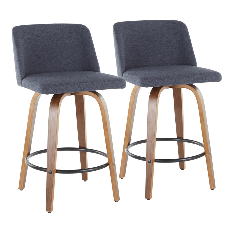 Toriano Mid-Century Modern Counter Stool in Walnut and Blue Fabric By LumiSource - Set of 2 | Counter Stools | Modishstore - 2