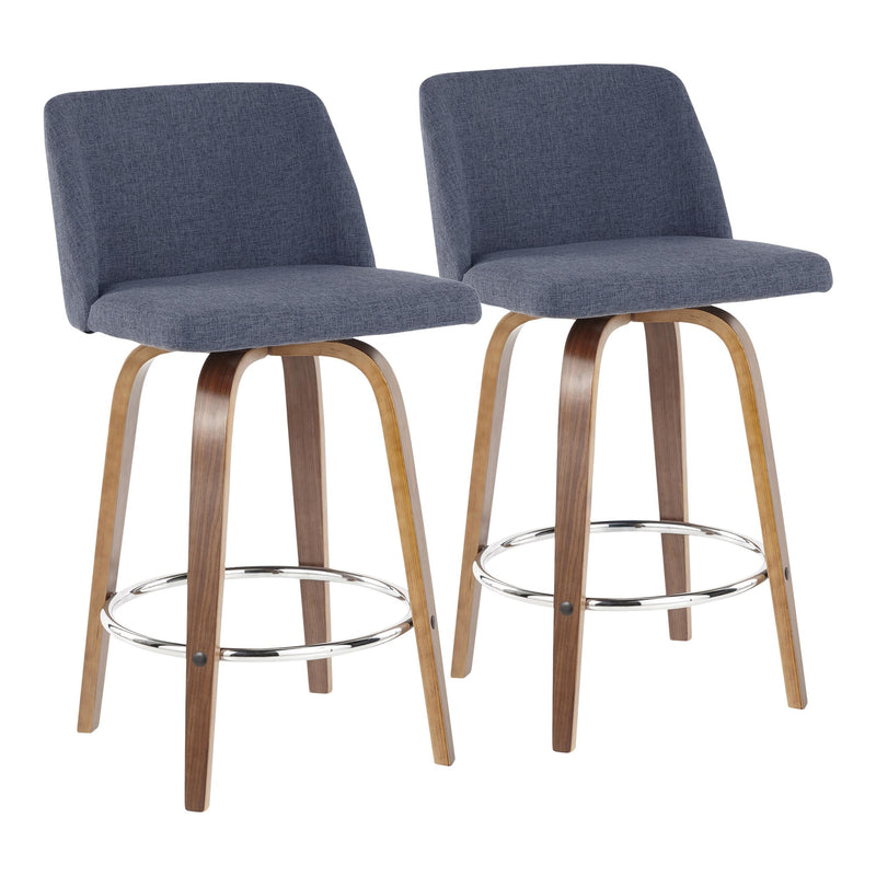 Toriano Mid-Century Modern Counter Stool in Walnut and Blue Fabric By LumiSource - Set of 2 | Counter Stools | Modishstore - 2