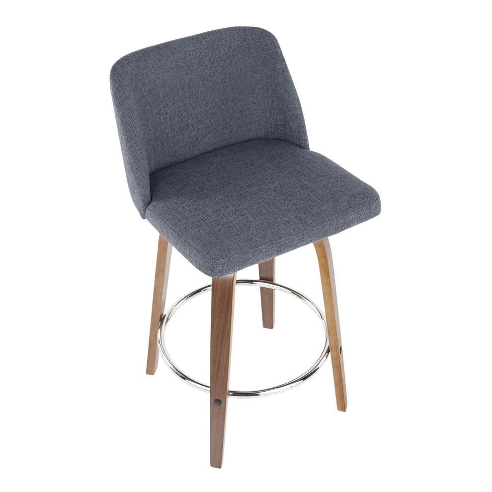 Toriano Mid-Century Modern Counter Stool in Walnut and Blue Fabric By LumiSource - Set of 2 | Counter Stools | Modishstore - 4