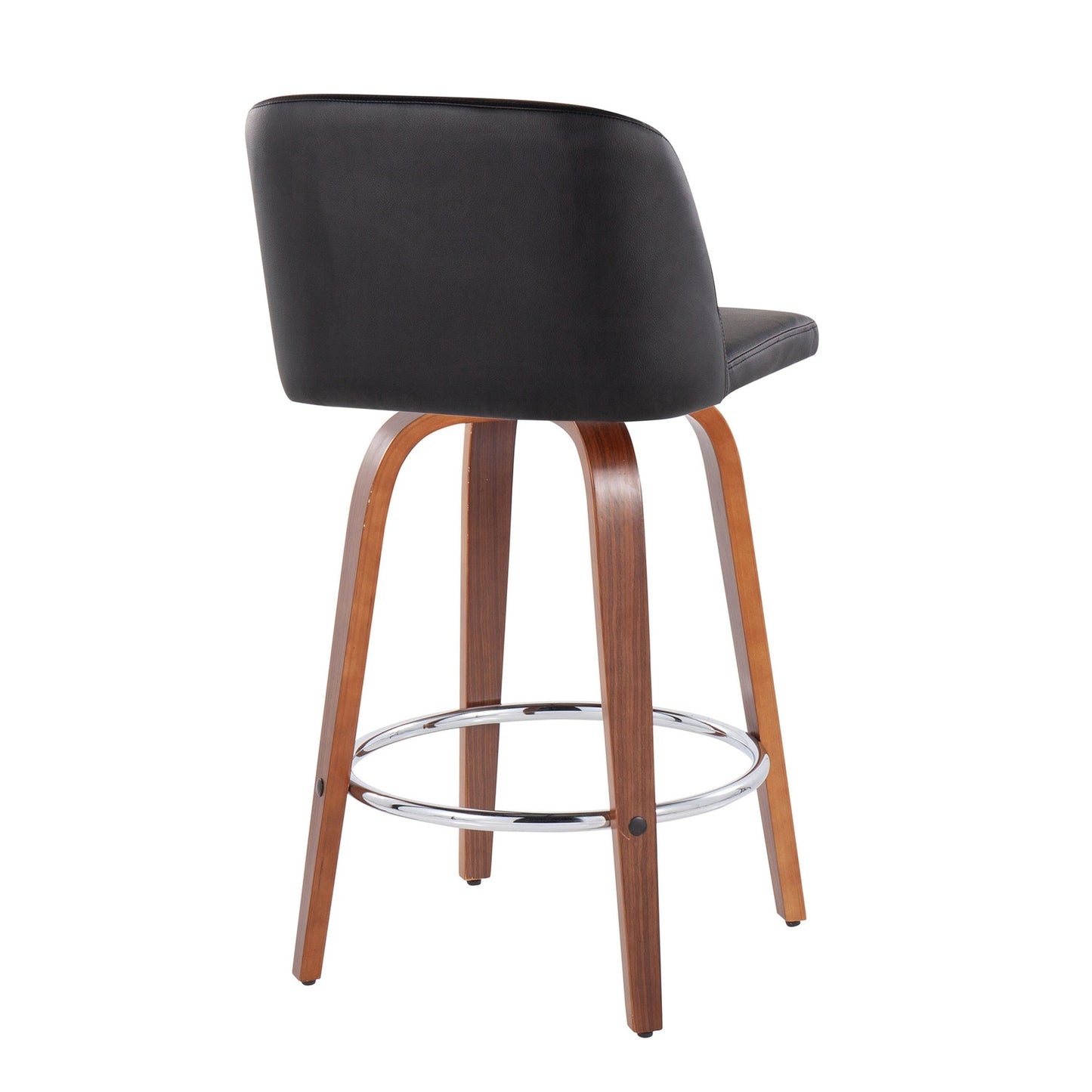 Toriano Mid-Century Modern Fixed-Height Counter Stool in Walnut Wood with Round Chrome Footrest and Black Faux Leather By LumiSource - Set of 2 | Counter Stools | Modishstore - 6