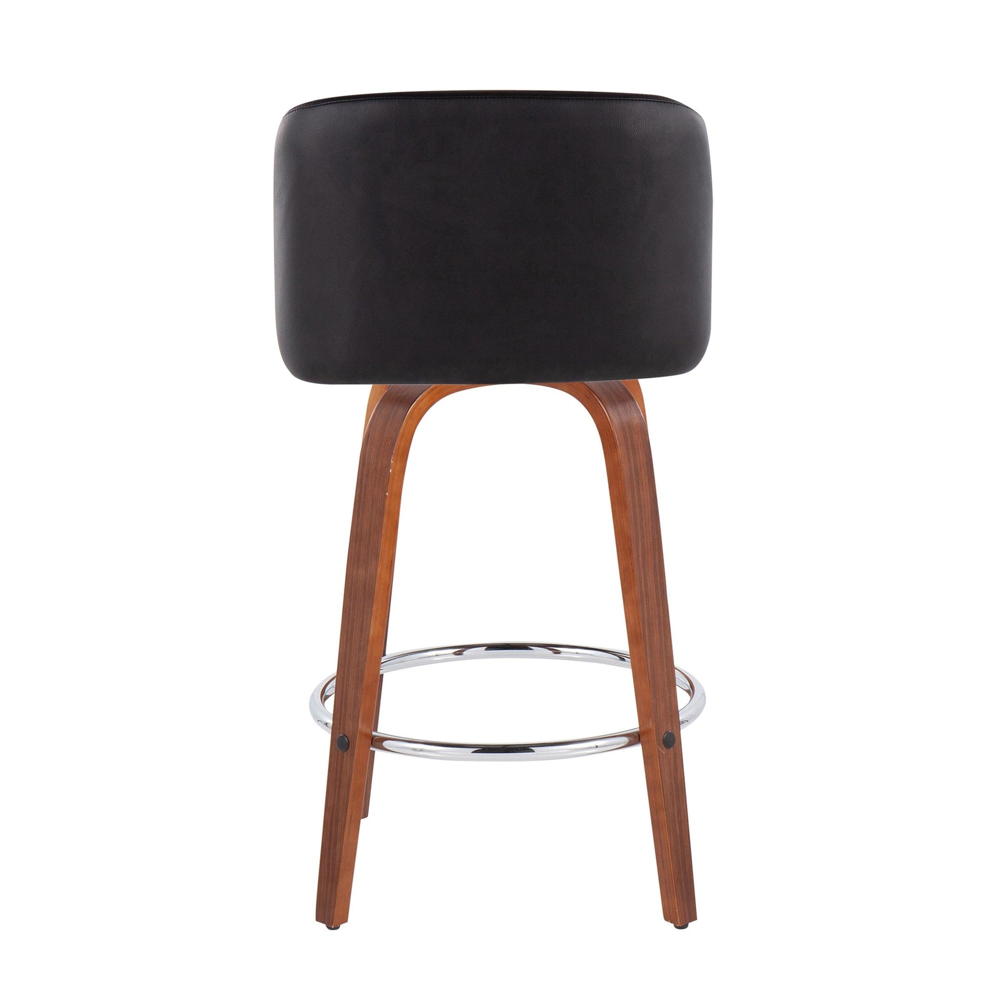 Toriano Mid-Century Modern Fixed-Height Counter Stool in Walnut Wood with Round Chrome Footrest and Black Faux Leather By LumiSource - Set of 2 | Counter Stools | Modishstore - 7