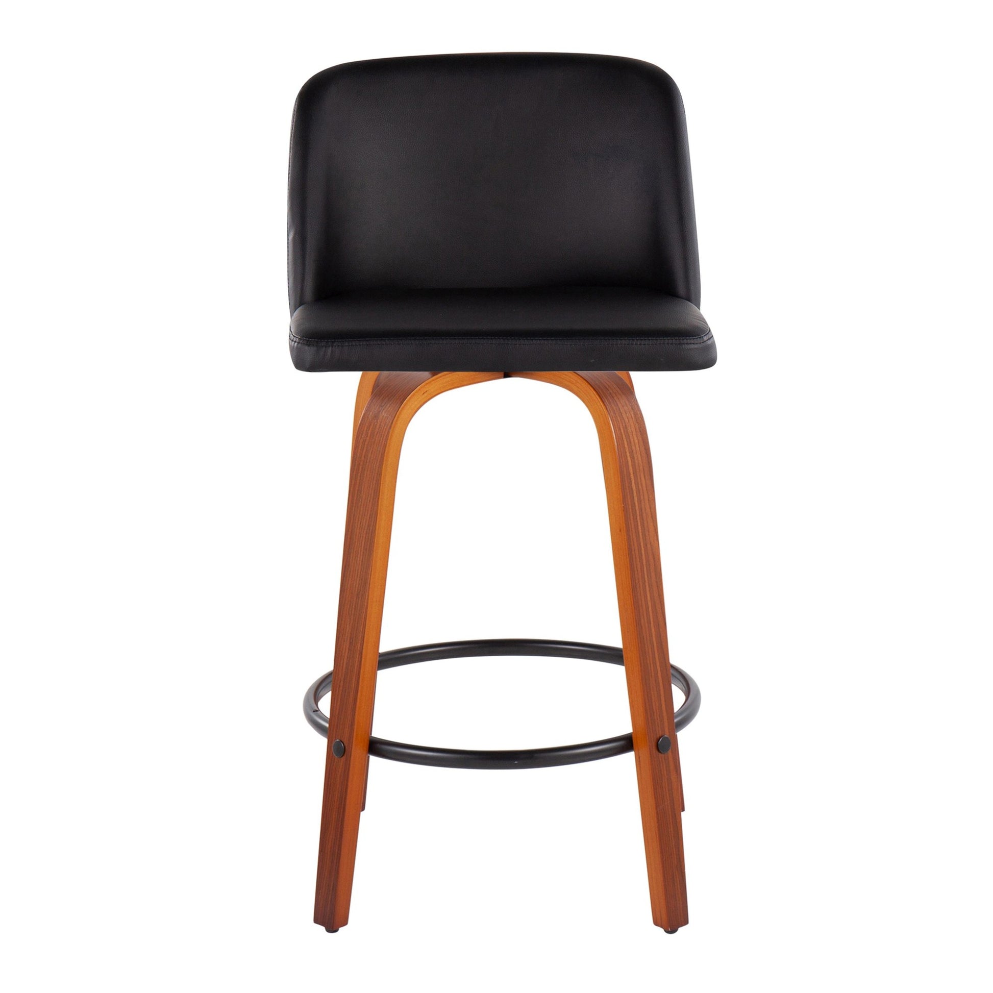 Toriano Mid-Century Modern Fixed-Height Counter Stool in Walnut Wood with Round Black Footrest and Black Faux Leather By LumiSource - Set of 2 | Counter Stools | Modishstore - 2