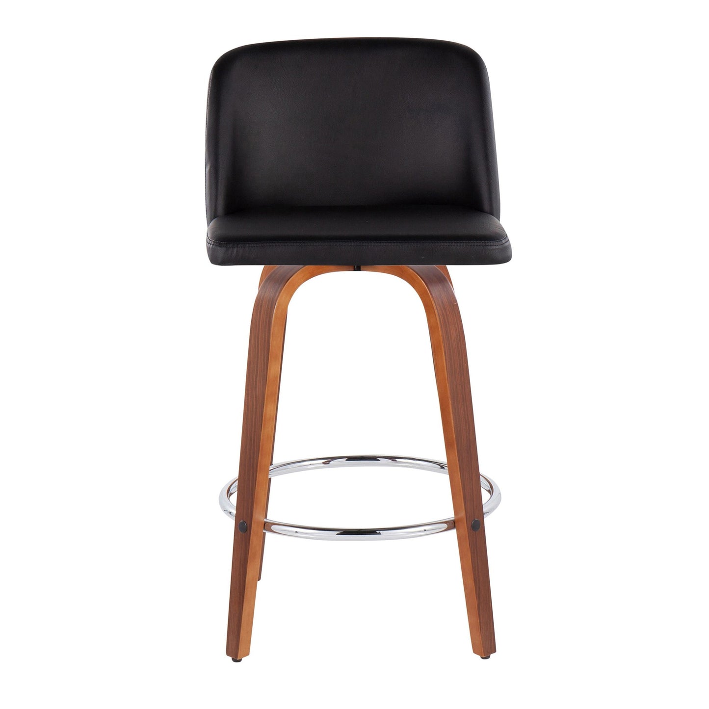 Toriano Mid-Century Modern Fixed-Height Counter Stool in Walnut Wood with Round Chrome Footrest and Black Faux Leather By LumiSource - Set of 2 | Counter Stools | Modishstore - 2