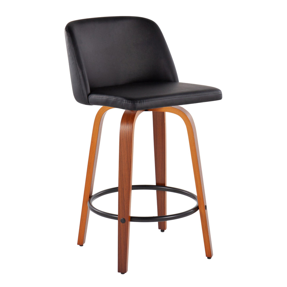 Toriano Mid-Century Modern Fixed-Height Counter Stool in Walnut Wood with Round Black Footrest and Black Faux Leather By LumiSource - Set of 2 | Counter Stools | Modishstore - 4
