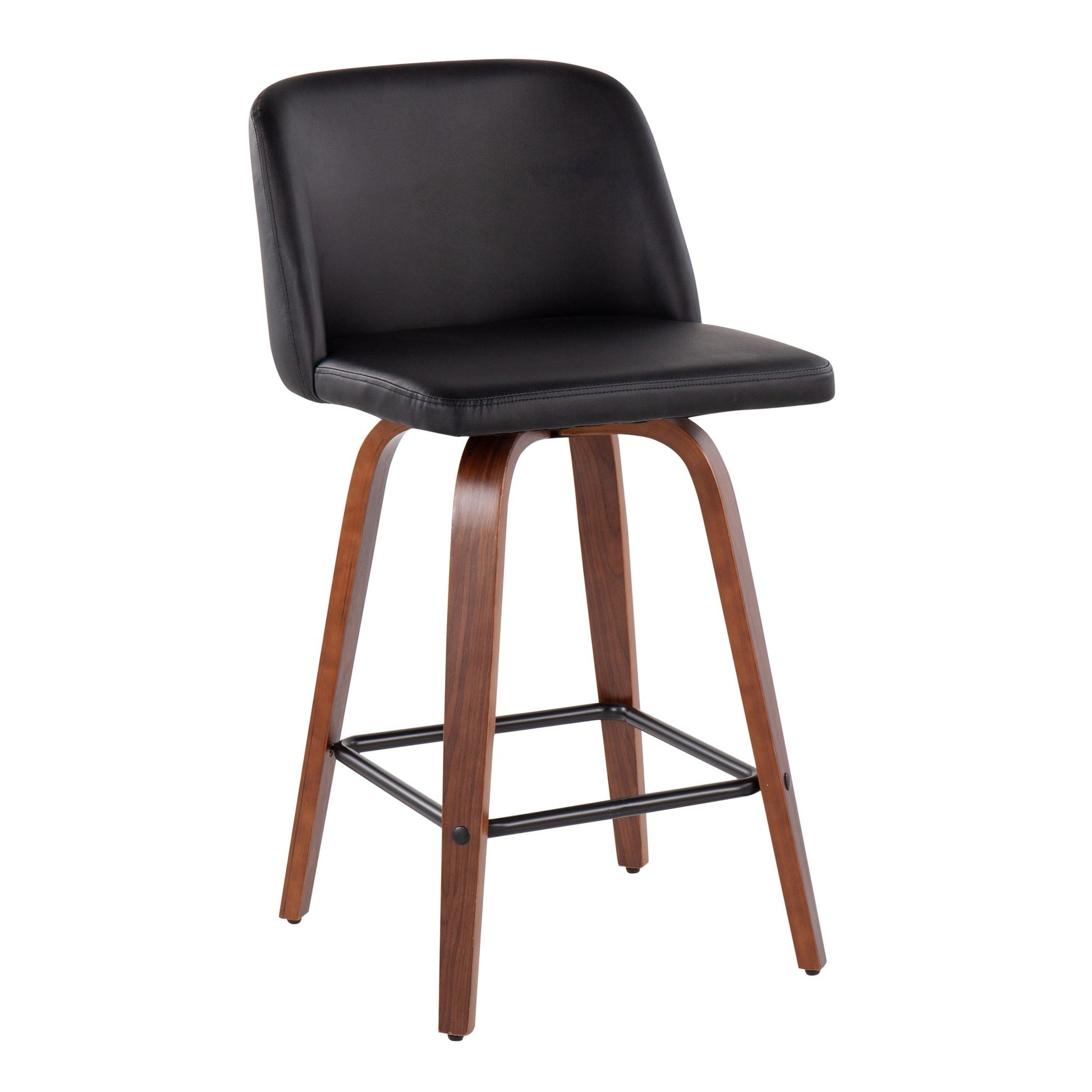 Toriano Mid-Century Modern Fixed-Height Counter Stool in Walnut Wood with Square Black Footrest and Black Faux Leather By LumiSource - Set of 2 | Counter Stools | Modishstore - 5