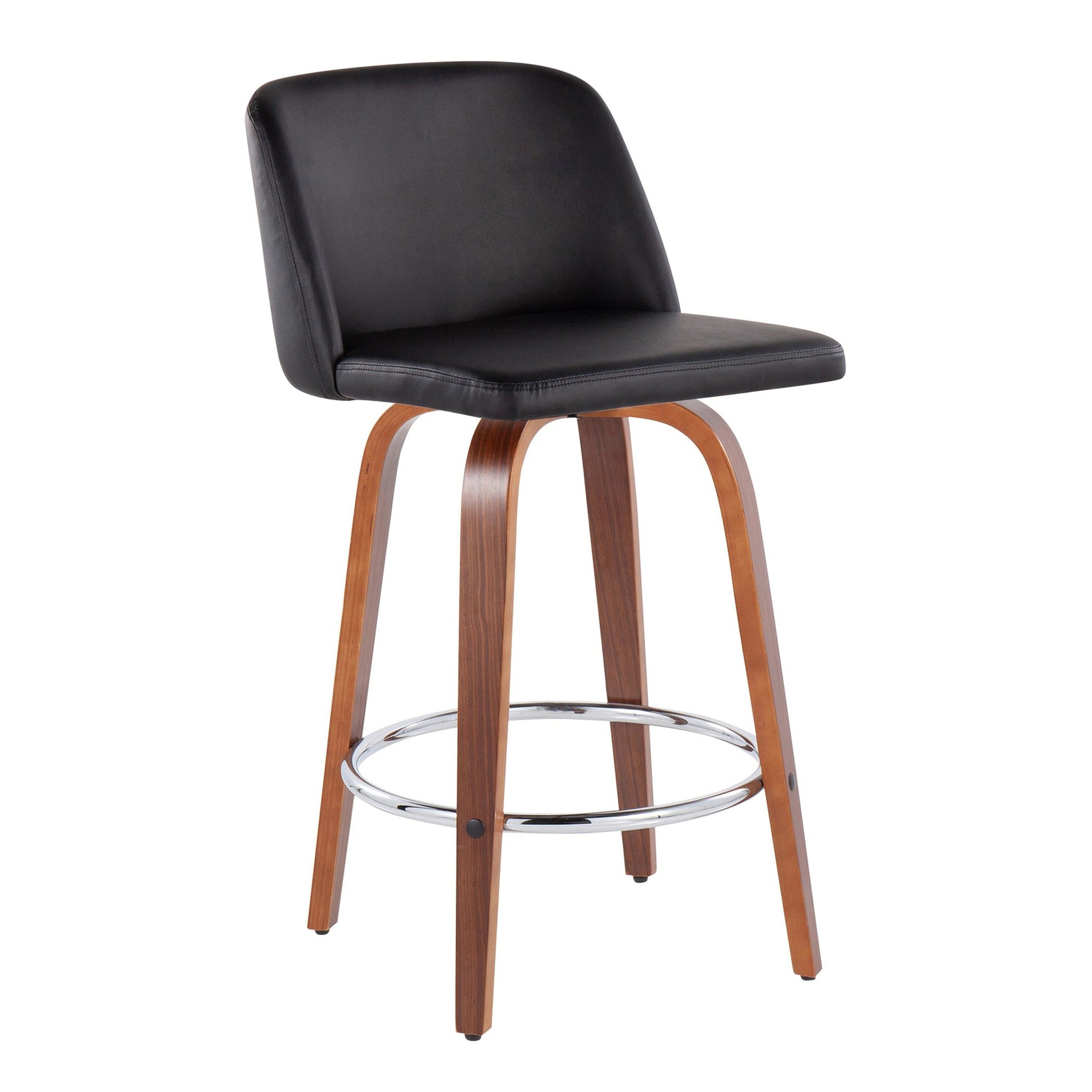 Toriano Mid-Century Modern Fixed-Height Counter Stool in Walnut Wood with Round Chrome Footrest and Black Faux Leather By LumiSource - Set of 2 | Counter Stools | Modishstore - 4
