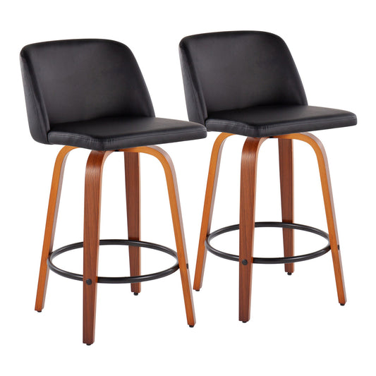 Toriano Mid-Century Modern Fixed-Height Counter Stool in Walnut Wood with Round Black Footrest and Black Faux Leather By LumiSource - Set of 2 | Counter Stools | Modishstore