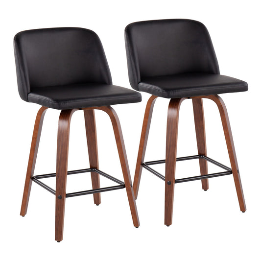Toriano Mid-Century Modern Fixed-Height Counter Stool in Walnut Wood with Square Black Footrest and Black Faux Leather By LumiSource - Set of 2 | Counter Stools | Modishstore