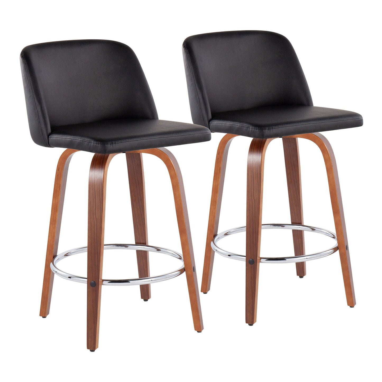 Toriano Mid-Century Modern Fixed-Height Counter Stool in Walnut Wood with Round Chrome Footrest and Black Faux Leather By LumiSource - Set of 2 | Counter Stools | Modishstore