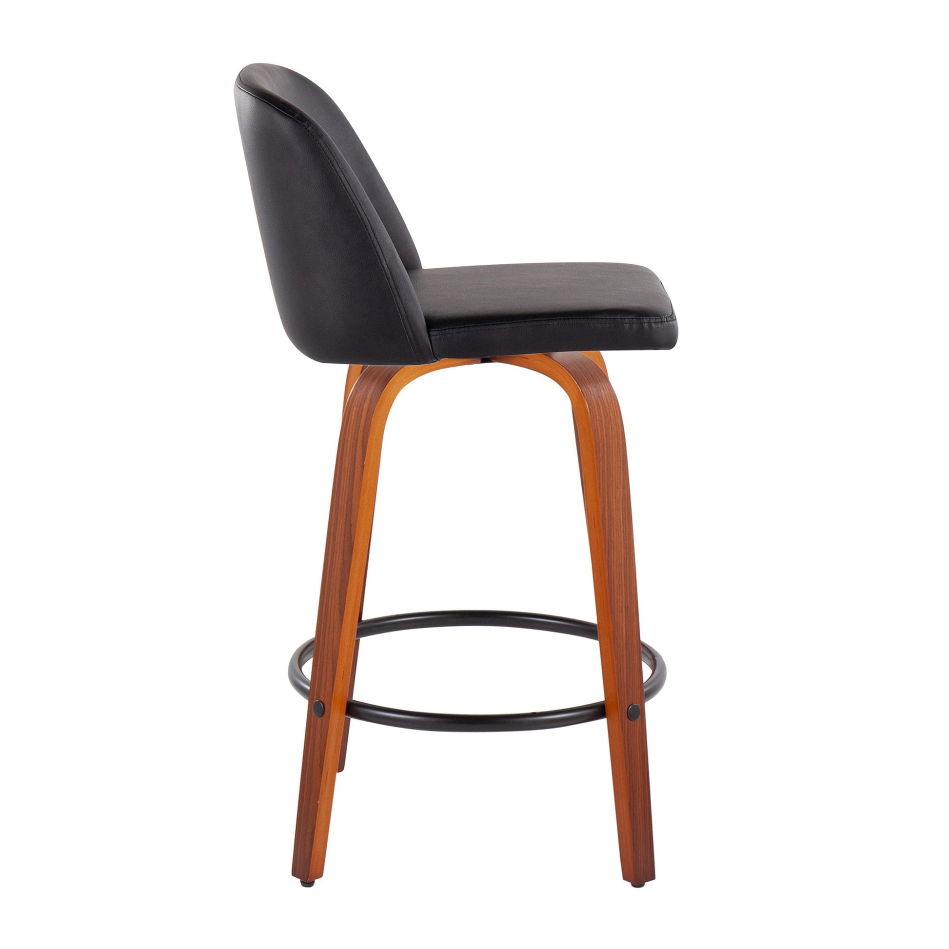 Toriano Mid-Century Modern Fixed-Height Counter Stool in Walnut Wood with Round Black Footrest and Black Faux Leather By LumiSource - Set of 2 | Counter Stools | Modishstore - 5