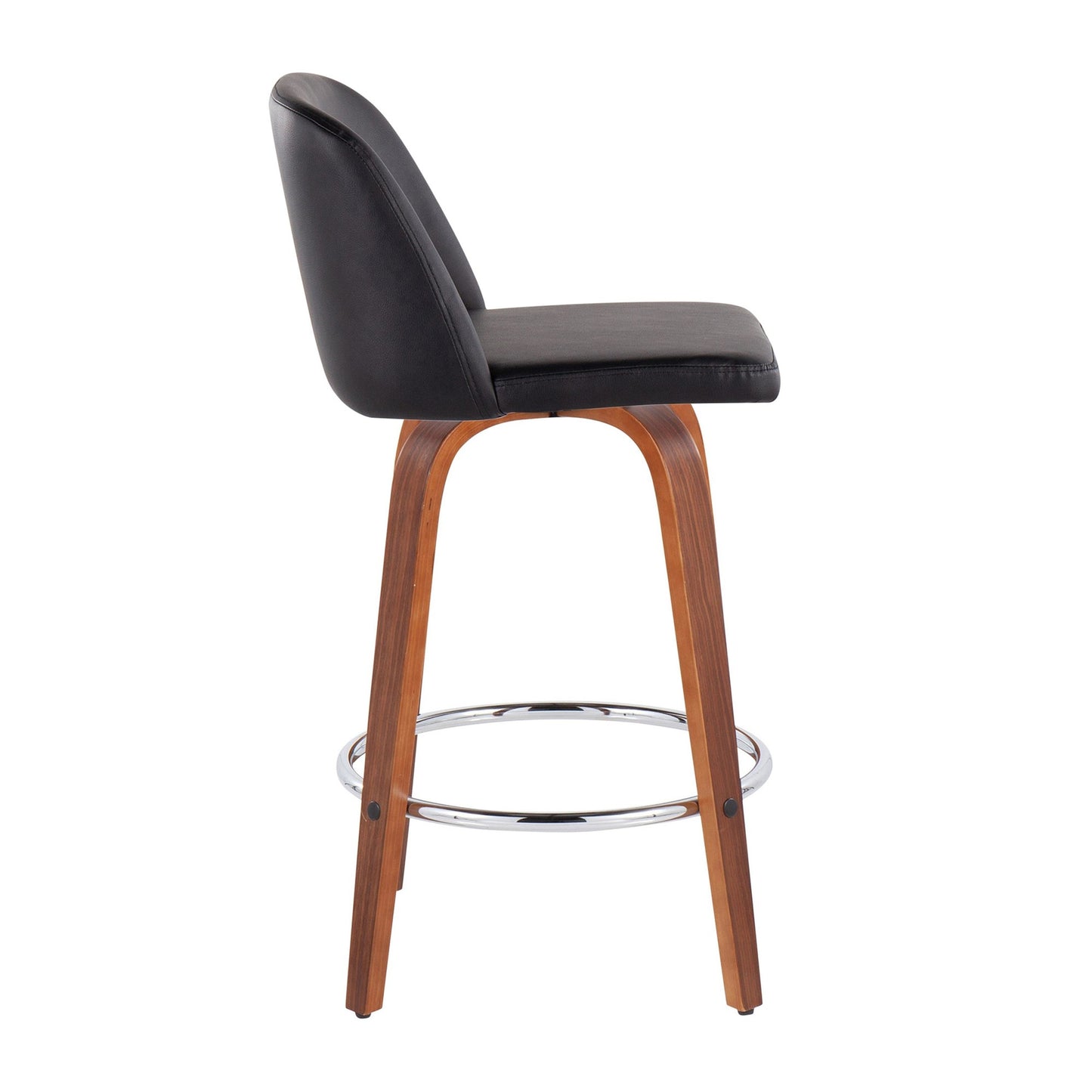 Toriano Mid-Century Modern Fixed-Height Counter Stool in Walnut Wood with Round Chrome Footrest and Black Faux Leather By LumiSource - Set of 2 | Counter Stools | Modishstore - 5
