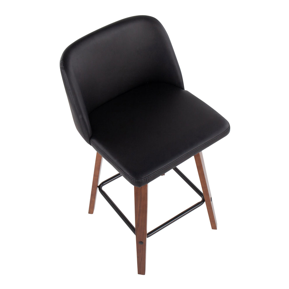 Toriano Mid-Century Modern Fixed-Height Counter Stool in Walnut Wood with Square Black Footrest and Black Faux Leather By LumiSource - Set of 2 | Counter Stools | Modishstore - 3