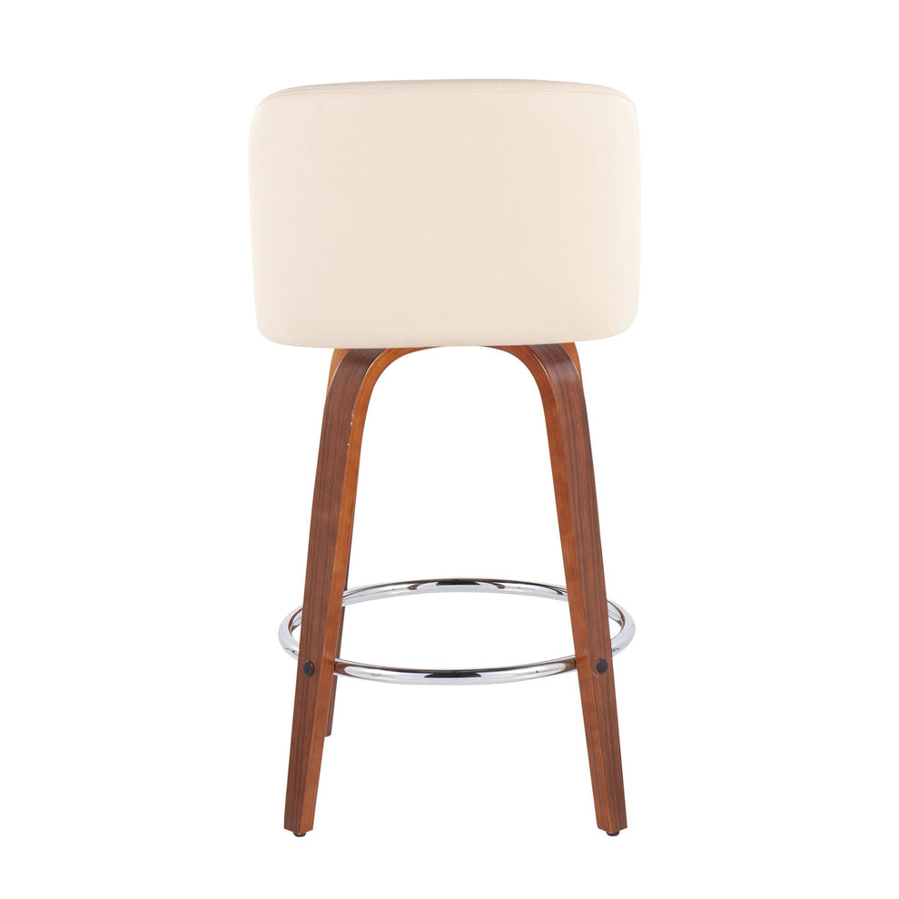 Toriano Mid-Century Modern Fixed-Height Counter Stool in Walnut Wood with Round Chrome Footrest and Black Faux Leather By LumiSource - Set of 2 | Counter Stools | Modishstore - 14