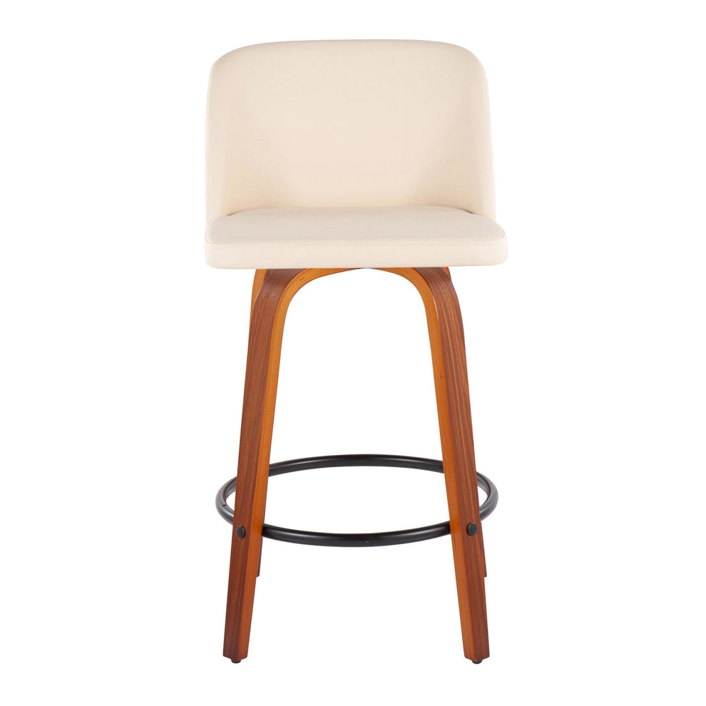 Toriano Mid-Century Modern Fixed-Height Counter Stool in Walnut Wood with Round Black Footrest and Black Faux Leather By LumiSource - Set of 2 | Counter Stools | Modishstore - 9
