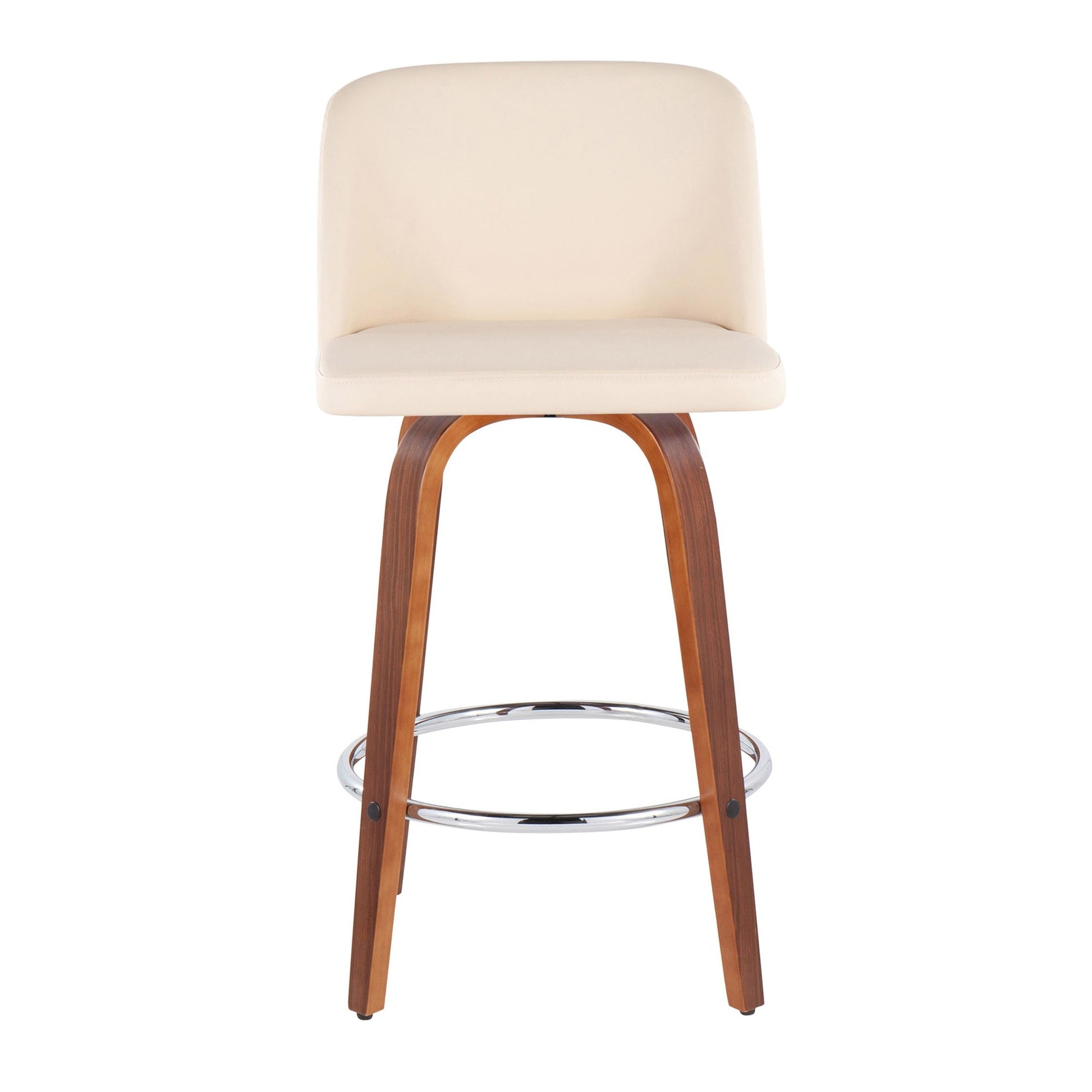 Toriano Mid-Century Modern Fixed-Height Counter Stool in Walnut Wood with Round Chrome Footrest and Black Faux Leather By LumiSource - Set of 2 | Counter Stools | Modishstore - 9